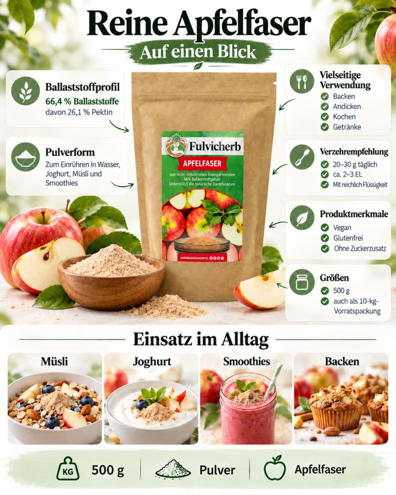 Reine Apfelfaser – Ballaststoffgehalt, Pektinanteil, Verwendung in Joghurt, Müsli, Smoothies und Backwaren