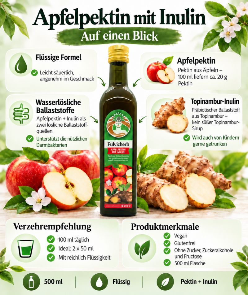 Apfelpektin mit Inulin – wasserlösliche Ballaststoffe aus Äpfeln und Topinambur, Eigenschaften und Verzehrempfehlung
